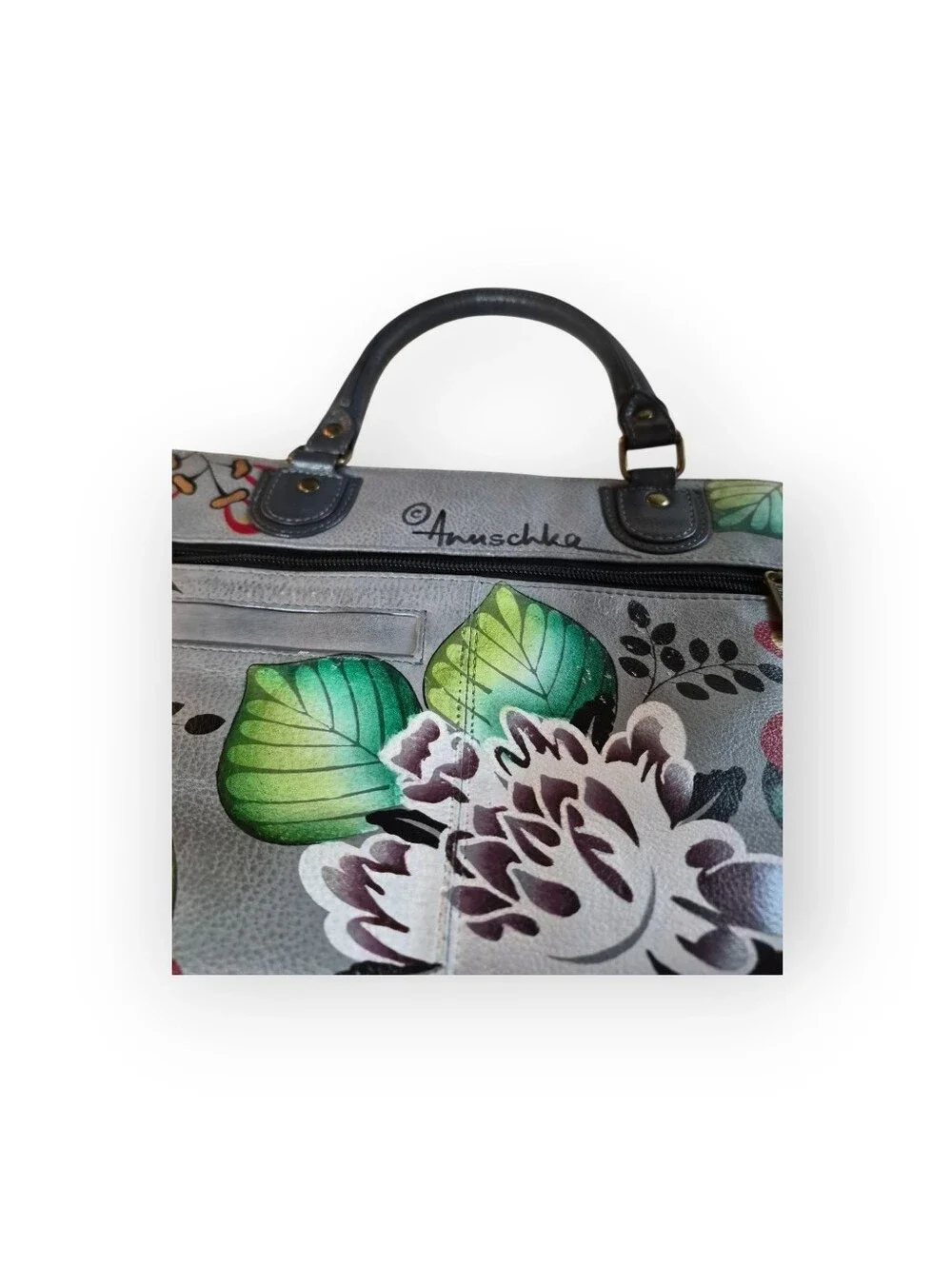 Anuschka Hand Painted Lg Leather Tote Garden Of Eden Grey/ Floral Pattern